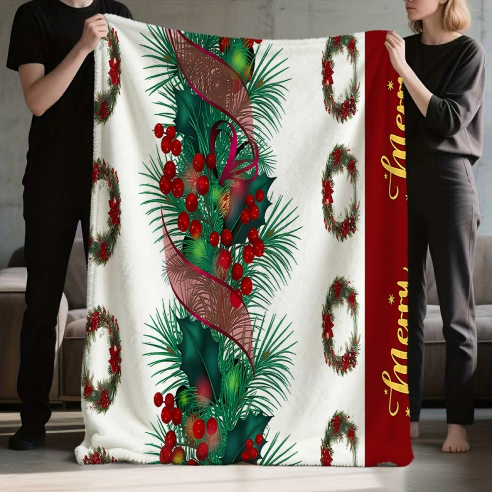 Christmas Festive Red Berries And Pine Bough Wreath Pattern Flannel Blanket, Soft Comfortable Warm, White Background Design, Durable Plush Surface, All-Season Sofa Blanket, Warm Cover, Multiple Sizes Available, Suitable for Living Room Sofa