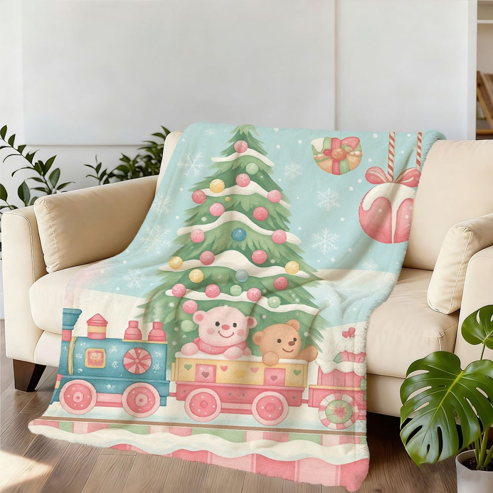 1pc, 2D Flat Christmas Tree And Little Bear Train Theme Flannel Blanket, Soft Comfortable Warm, Blue Pink Festive Design, Durable Plush, All Seasons, Warm Cover, Suitable for Weekend Sofa Naps, Reading Time, Bedroom Bed Use