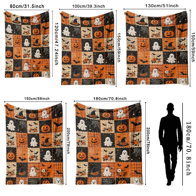 1 Vintage Halloween Throw Blanket, Suitable for Living Room, Bedroom, and Sofa, Orange Plaid with Black Starry Sky Patchwork, Decorated with Pumpkin,, Bat, Spider Web, and Witch Hat Patterns, Soft Flannel Blanket, Ideal for Naps, Travel, and Fall