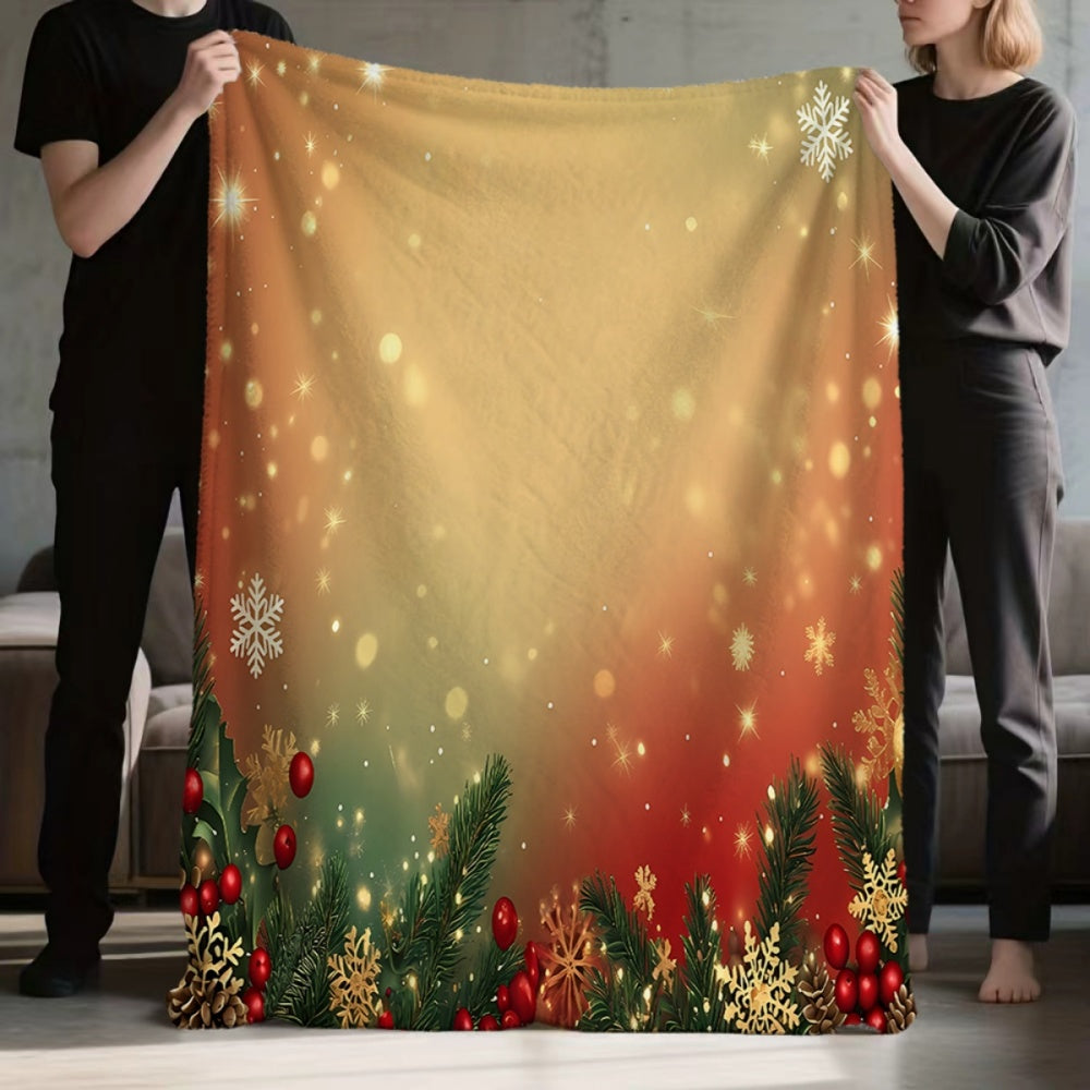 Christmas Holiday Pine Branch Snowflake Gradient Flannel Blanket, Soft, Comfortable, and Warm, with an Orange-yellow-red-green Gradient Design, Durable Plush Surface, All-season Universal Sofa Throw, Warm Lap Blanket, Available in Multiple Sizes