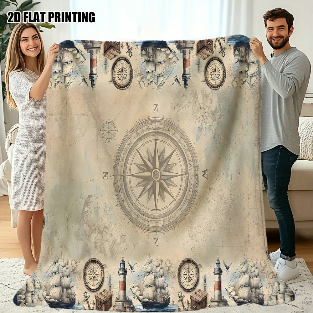 1pc Nautical Retro Patterned Blanket, Nautical Style Design, Soft Plush Surface, Flannel Material Lightweight And Durable, Multiple Sizes Available, Ideal for Holiday Decor, Living Room Leisure, Bedroom Warmth, Study Reading, Seasonal Home Decor