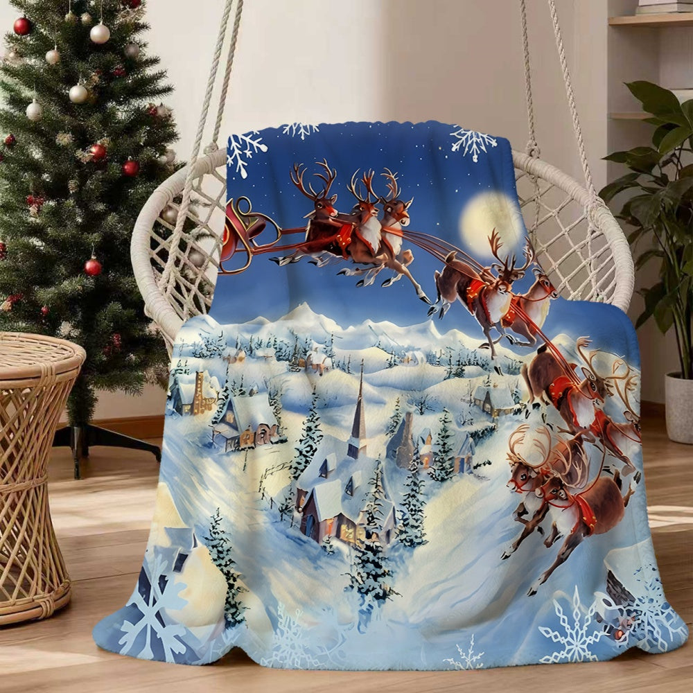 1pc Santa Sleigh And Reindeer Night Sky Flying Snow Scene Flannel Blanket, Soft Comfortable Warm, Blue Winter Design, All-Season Sofa Blanket, Warm Cover Blanket, Multiple Sizes Available, Suitable for Living Room Sofa, Bedroom, Reading Corner