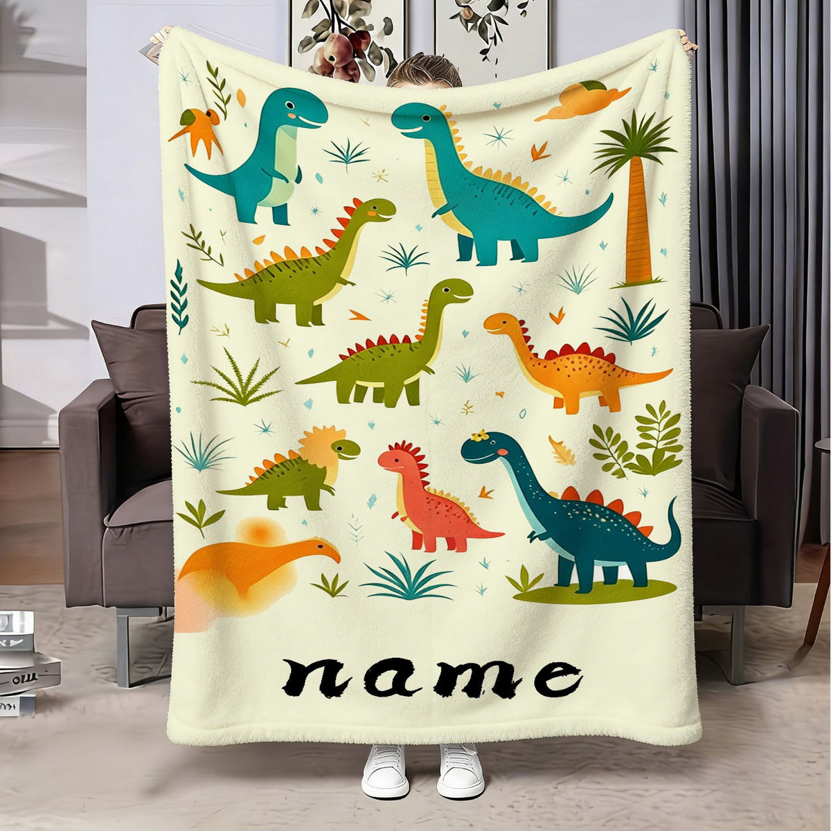 Personalized Custom Name Blanket, Cute Cartoon Baby Dinosaur Flannel Blanket, Plush Blanket Gift for Outdoor Enthusiasts, All-Season Gift Blanket Suitable for Home and Travel, Comfortable Personalized Blanket, Holiday Gift for Family and Friends