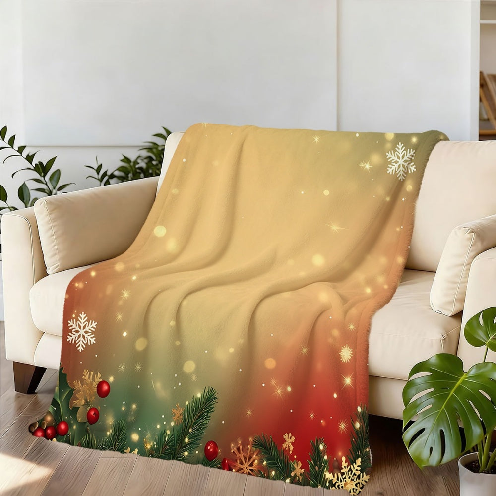 Christmas Holiday Pine Branch Snowflake Gradient Flannel Blanket, Soft, Comfortable, and Warm, with an Orange-yellow-red-green Gradient Design, Durable Plush Surface, All-season Universal Sofa Throw, Warm Lap Blanket, Available in Multiple Sizes