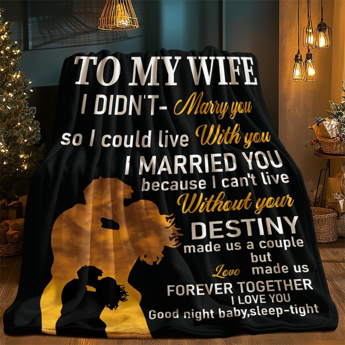 to My Wife Blanket Can't Live Without You Gift with Love Message Black and Golden Design Romantic Anniversary Valentines Present for Wife from Husband Emotional Love Throw 100% Flannel 50 X 40 Inches