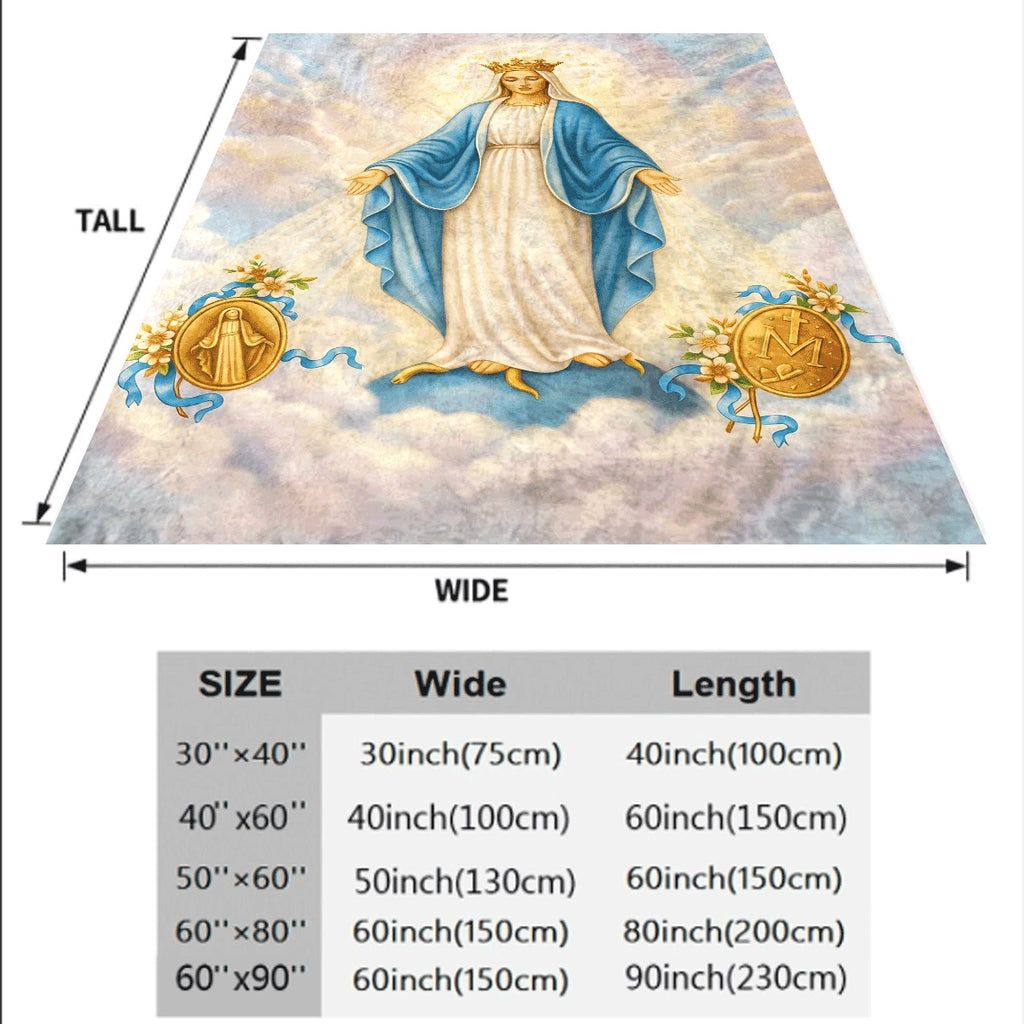 1pc Soft Cozy Virgin Mary Print Flannel Throw Blanket Reversible Virgin Mary Jesus Christ Religious Design with Golden Halo Floral Accents Heavyweight 250-300Gsm Office Travel Vintage