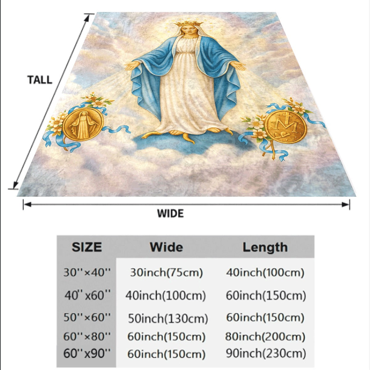 1pc Soft Cozy Virgin Mary Print Flannel Throw Blanket Reversible Virgin Mary Jesus Christ Religious Design with Golden Halo Floral Accents Heavyweight 250-300Gsm Office Travel Vintage